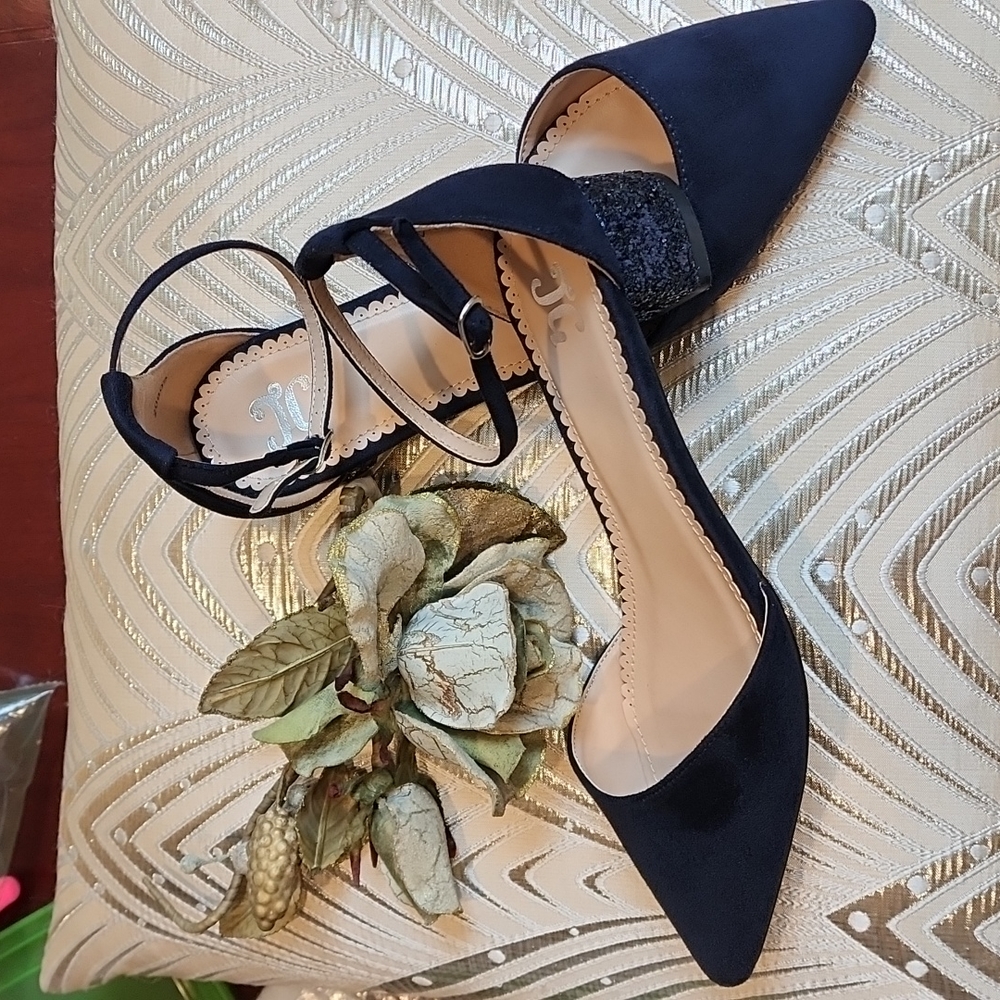 JG Suede (Man Made Upper) Pointy Toe Strap Glitter Block Heels